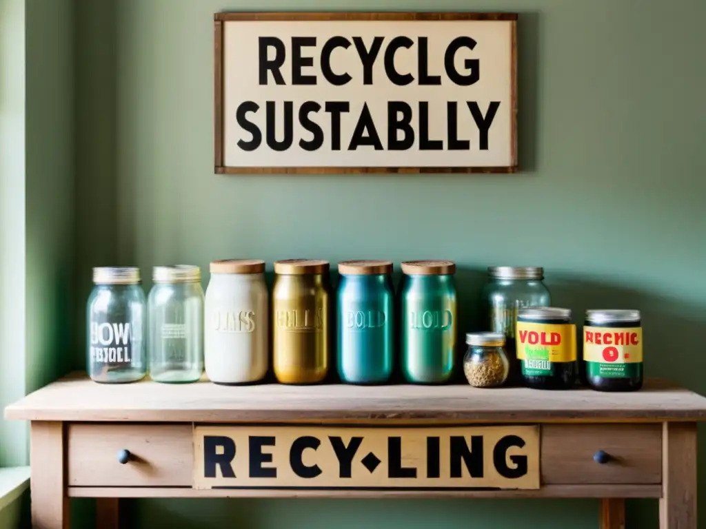 Una mesa de madera vieja y desgastada cubierta de materiales reciclados como frascos de vidrio, latas de metal, botellas de plástico y retazos de tela