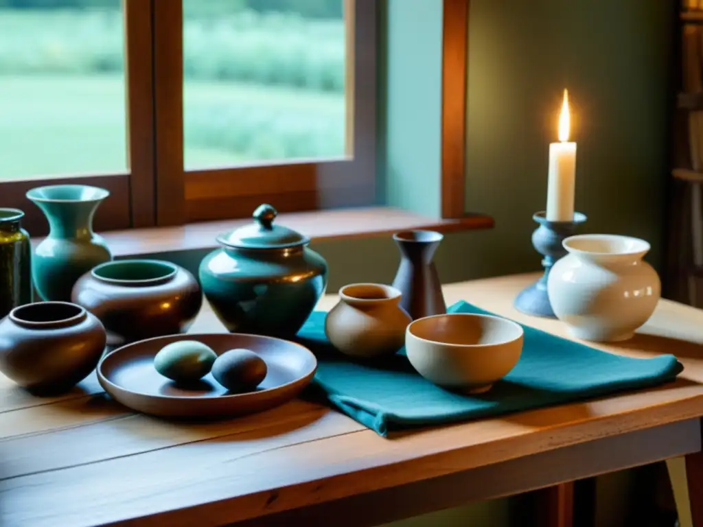 Una mesa de madera vintage llena de productos artesanales, iluminada por luz natural