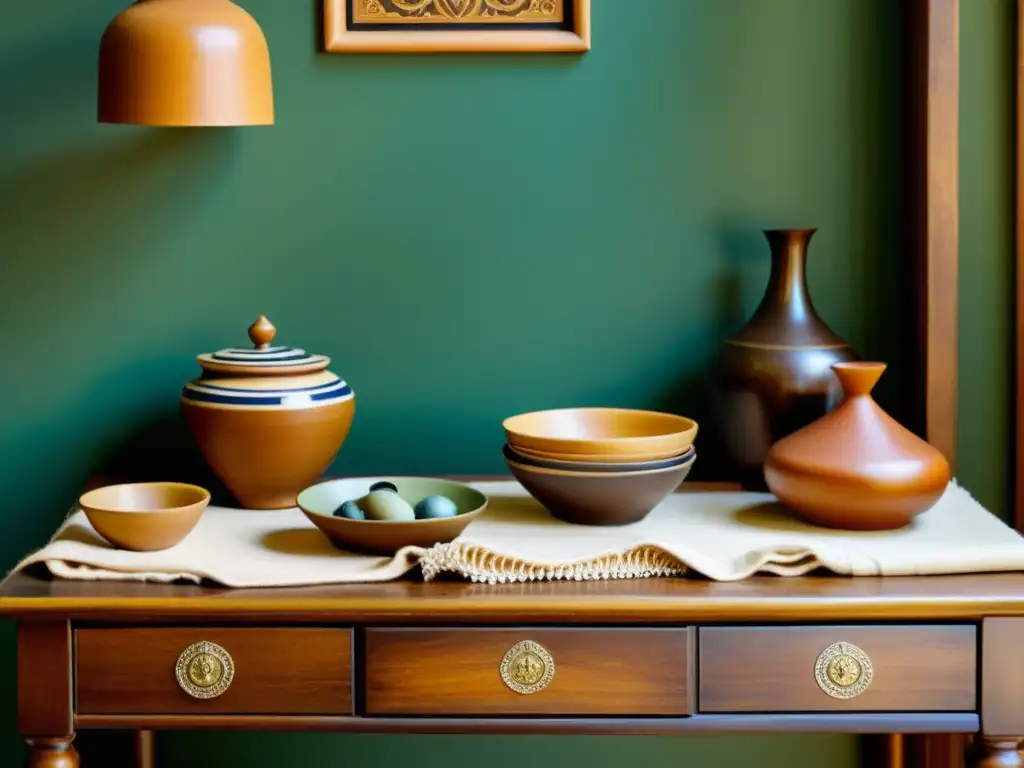 Una mesa de madera vintage llena de productos artesanales, iluminada naturalmente