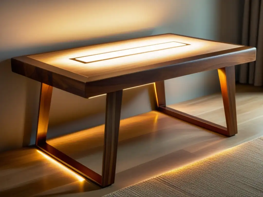 Una mesa de madera vintage con luces LED integradas, fusionando la carpintería tradicional con elementos electrónicos