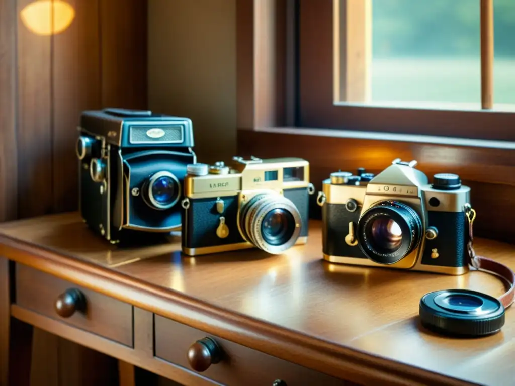 Una mesa rústica de madera con cámaras antiguas y accesorios fotográficos