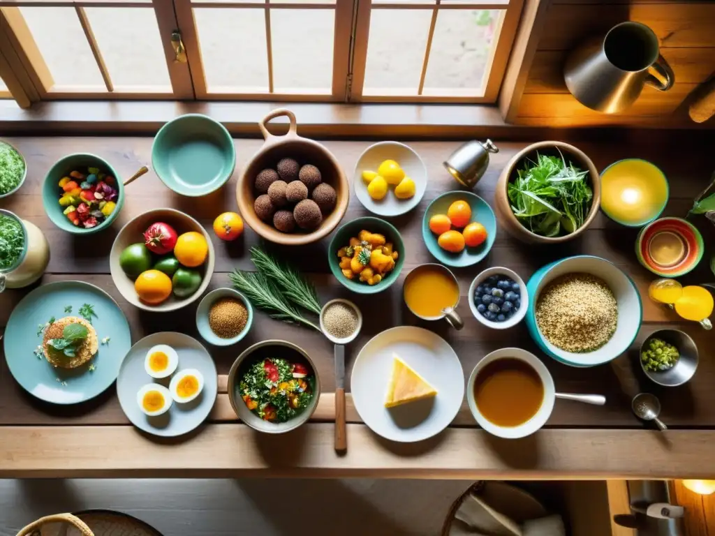 Una mesa rústica con platos artesanales y ingredientes frescos