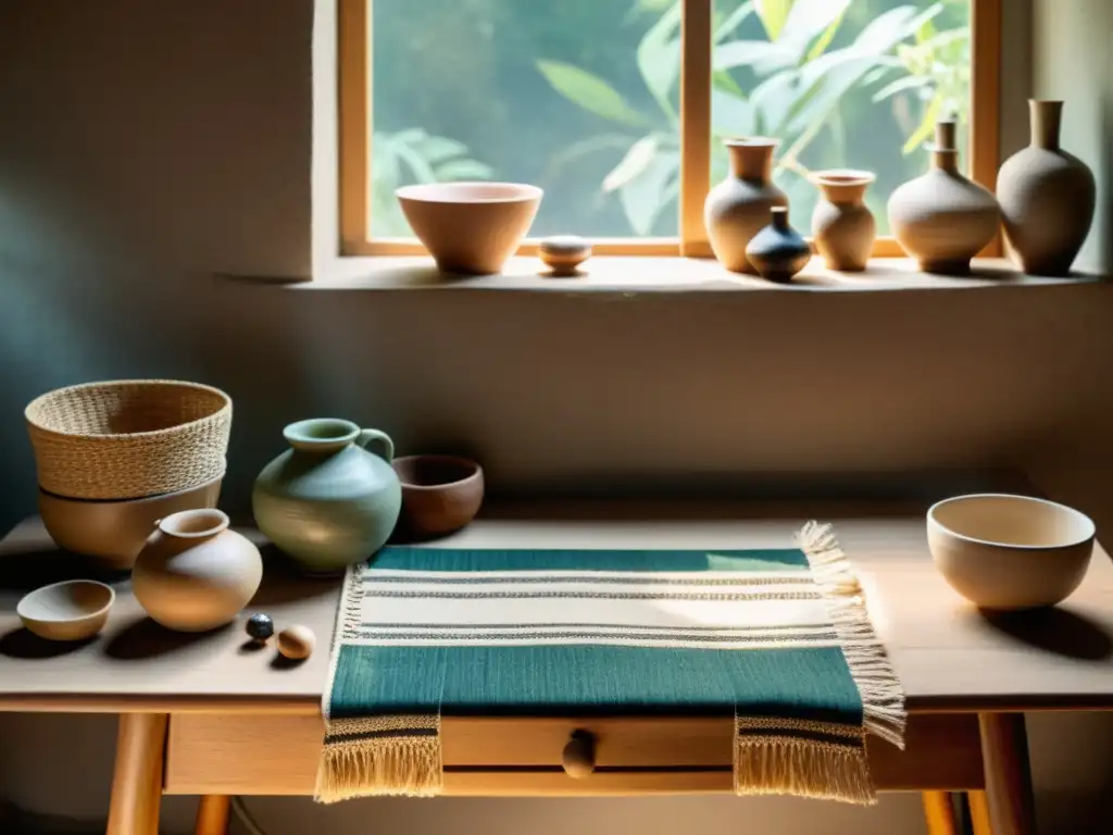 Una mesa de trabajo rústica con artesanías sostenibles, textiles tejidos a mano, figuras de madera tallada y cerámica delicada