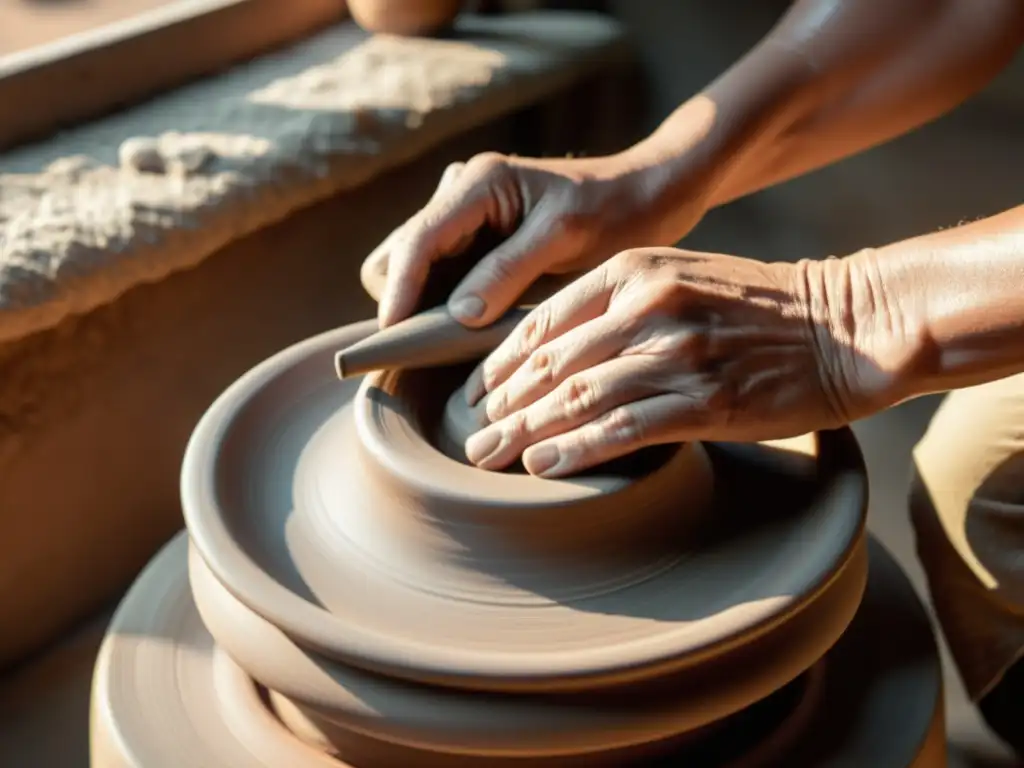 Modelado de cerámica virtual para principiantes: manos moldeando arcilla en una rueda de alfarería vintage, con luz cálida y sombras suaves