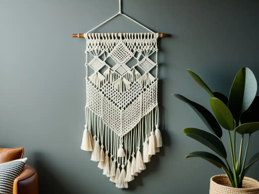 Macramé moderno con diseño geométrico en tonos suaves