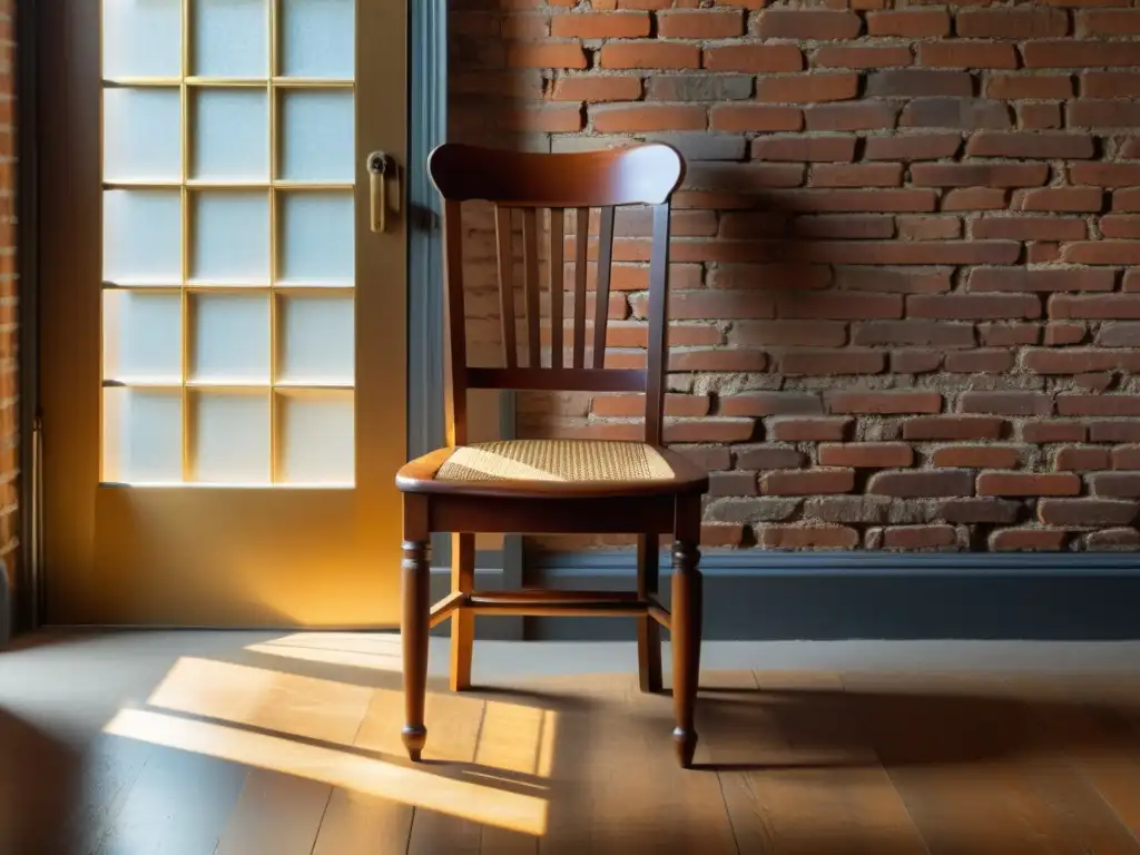 Fotografiando muebles artesanales con impacto: una silla de madera vintage, detallada y envejecida, bañada por la cálida luz del sol