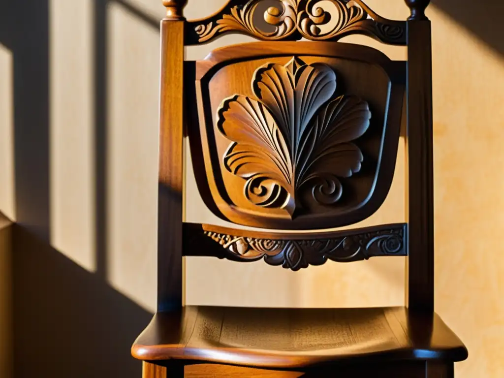 Fotografiando muebles artesanales con impacto: Silla de madera hecha a mano, iluminada por el cálido sol, resaltando sus detallados grabados y texturas únicas