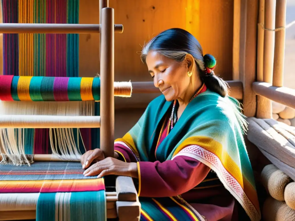 Una mujer andina teje con destreza en un telar de madera, rodeada de hilos de colores vibrantes
