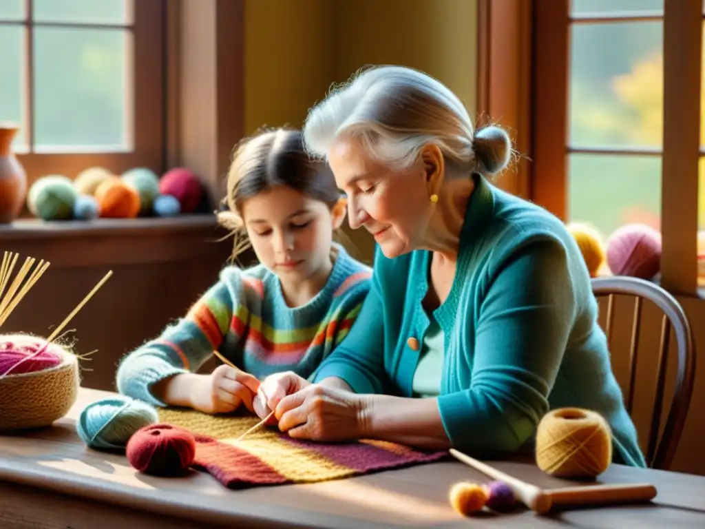 Una mujer mayor y un niño tejen juntos en una atmósfera cálida y nostálgica de proyectos artesanía digital inclusiva