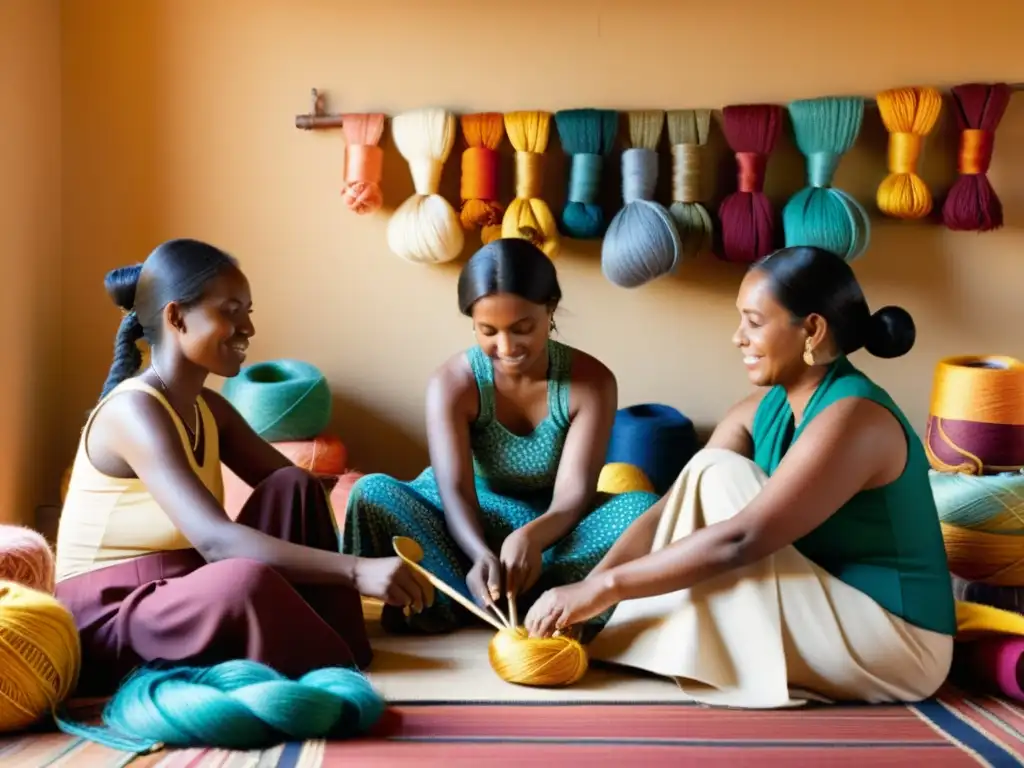 Mujeres artesanas en la era digital: Grupo de mujeres trabajando en un ambiente cálido y creativo, tejiendo con orgullo y determinación