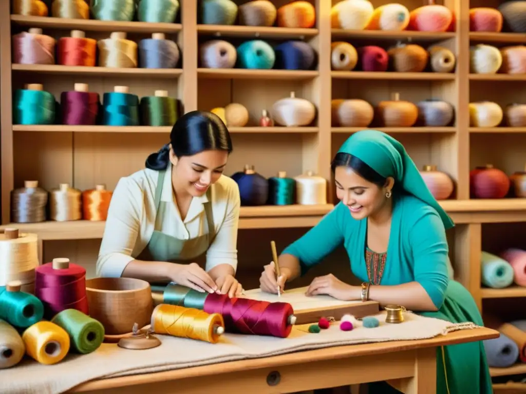 Mujeres artesanas en la era digital: Imagen vintage de artesanas trabajando juntas en un ambiente cálido y nostálgico, creando hermosas artesanías