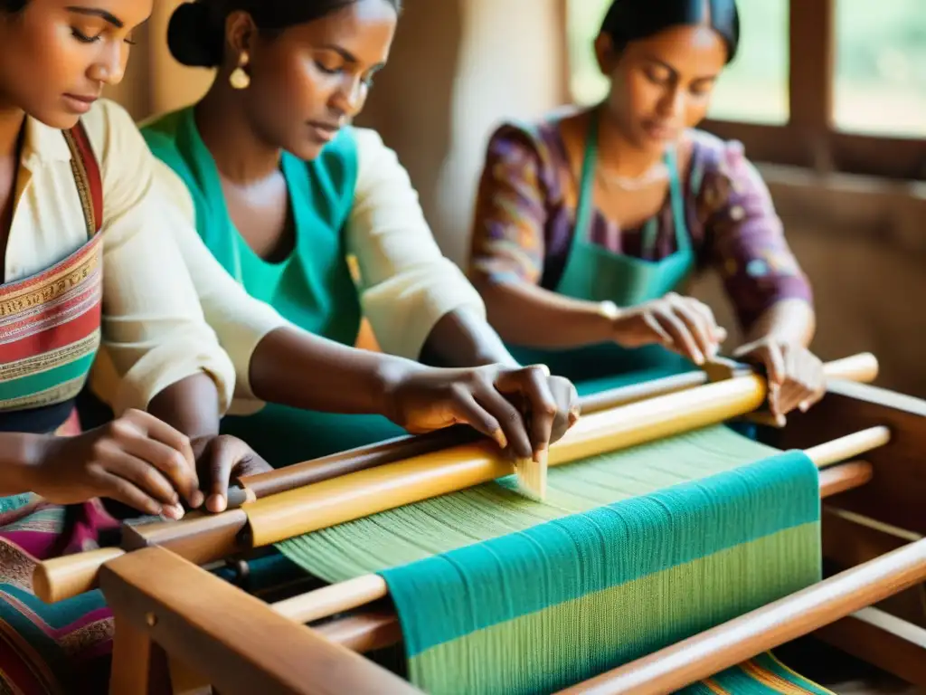 Mujeres artesanas en la era digital tejiendo patrones vibrantes en un telar vintage, iluminadas por la cálida luz natural