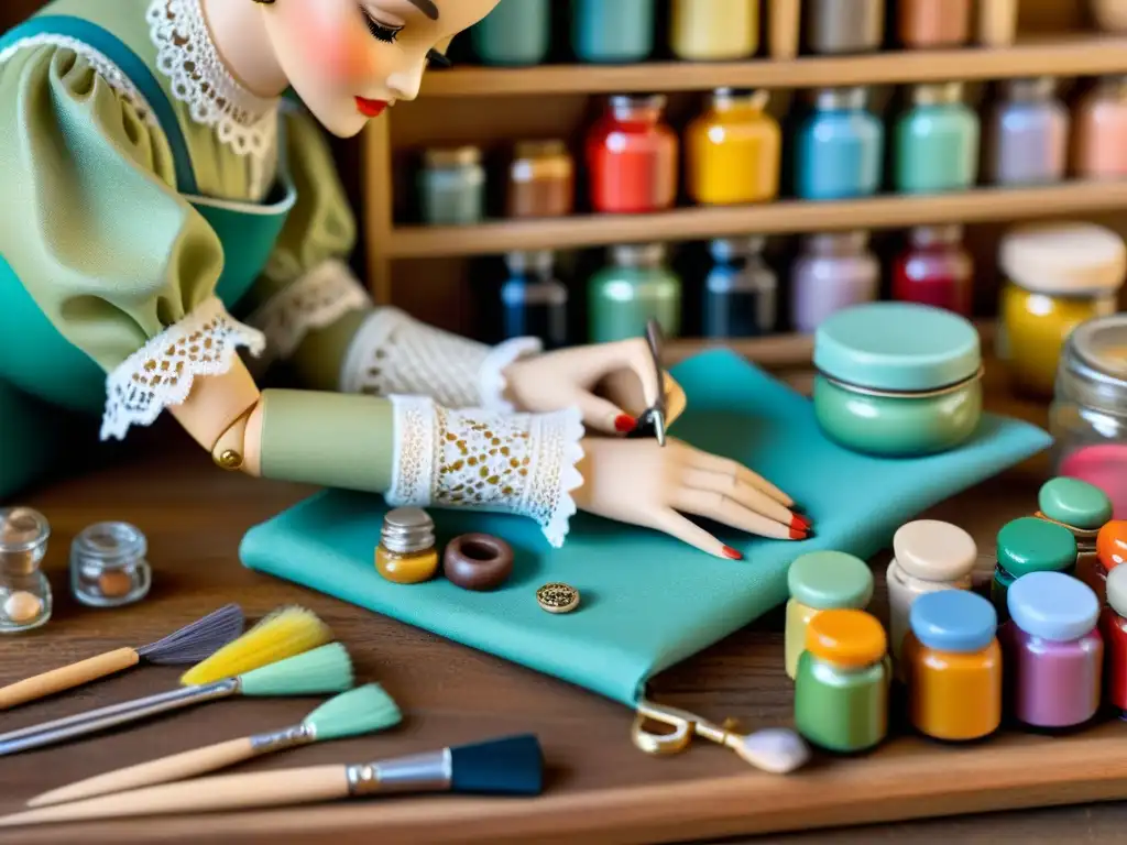 Artesana pintando a mano una muñeca vintage con detalle Una muñeca artesanal vintage siendo pintada a mano con meticulosidad por un hábil artista, rodeada de herramientas y pinceles coloridos