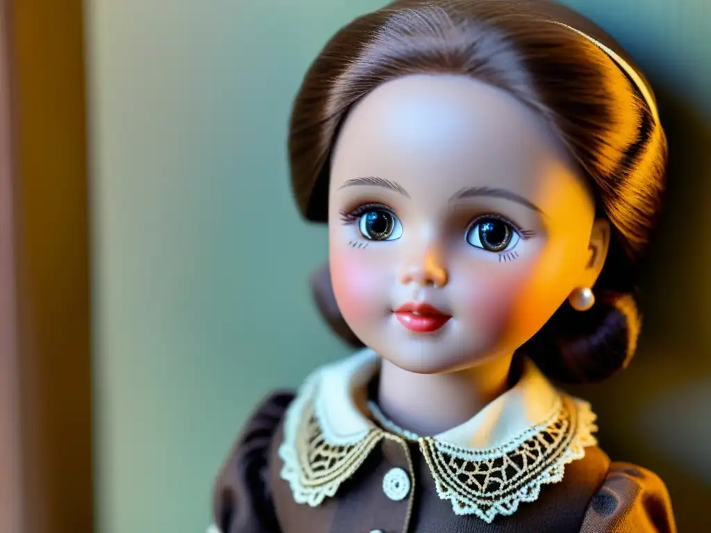 Doll vintage con detalles pintados a mano en entorno encantador Una muñeca personalizada con detalles intrincados y ropa cuidadosamente elaborada, en una encantadora escena vintage con iluminación suave y cálida