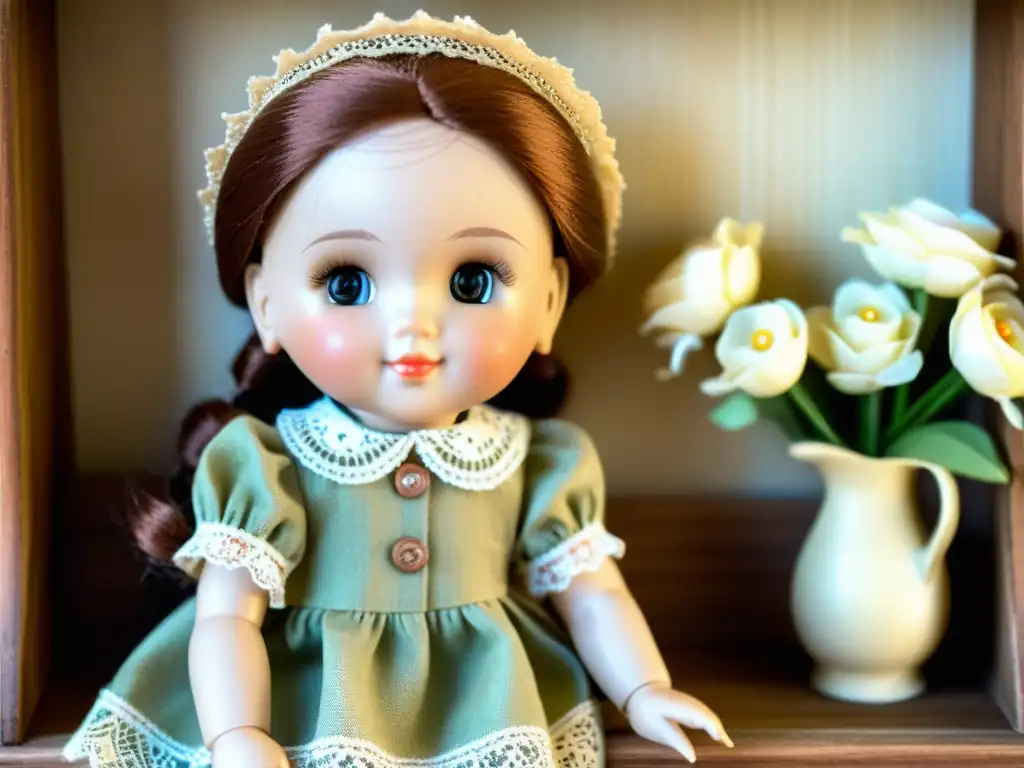 Muñeca personalizada en estante rústico Una muñeca personalizada vintage descansa en un estante de madera rústica, rodeada de encajes y flores, con detalles pintados a mano