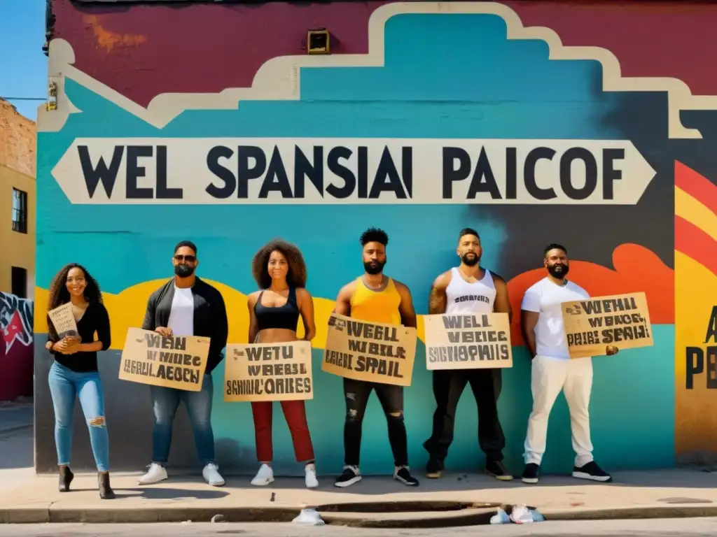 Un mural artesanal vibrante y detallado muestra diversidad y protesta en una escena urbana desgastada