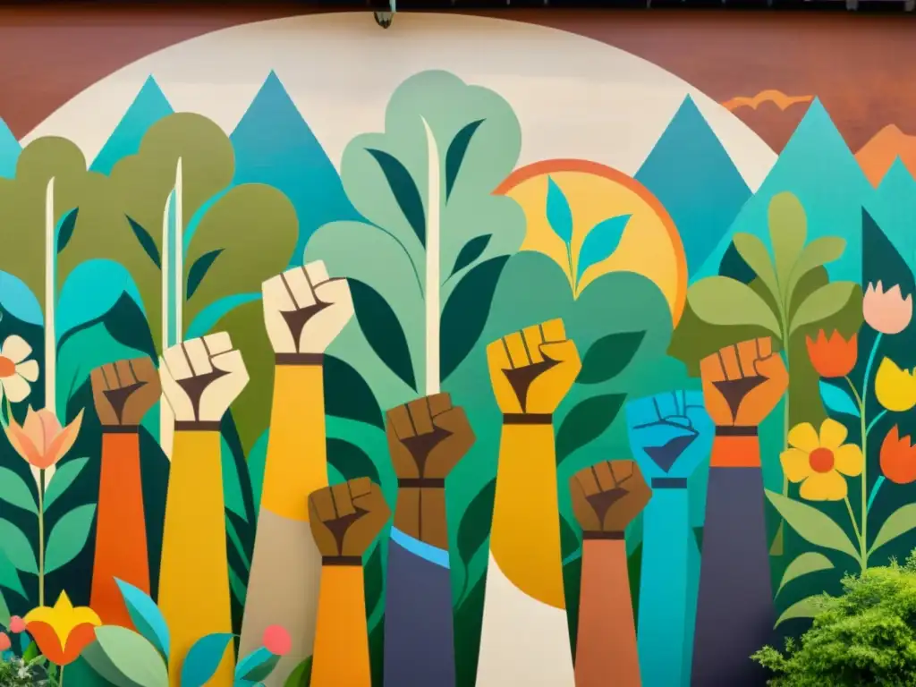 Un mural artesanal vibrante y vintage con un grupo diverso levantando los puños en medio de exuberante vegetación y flores coloridas