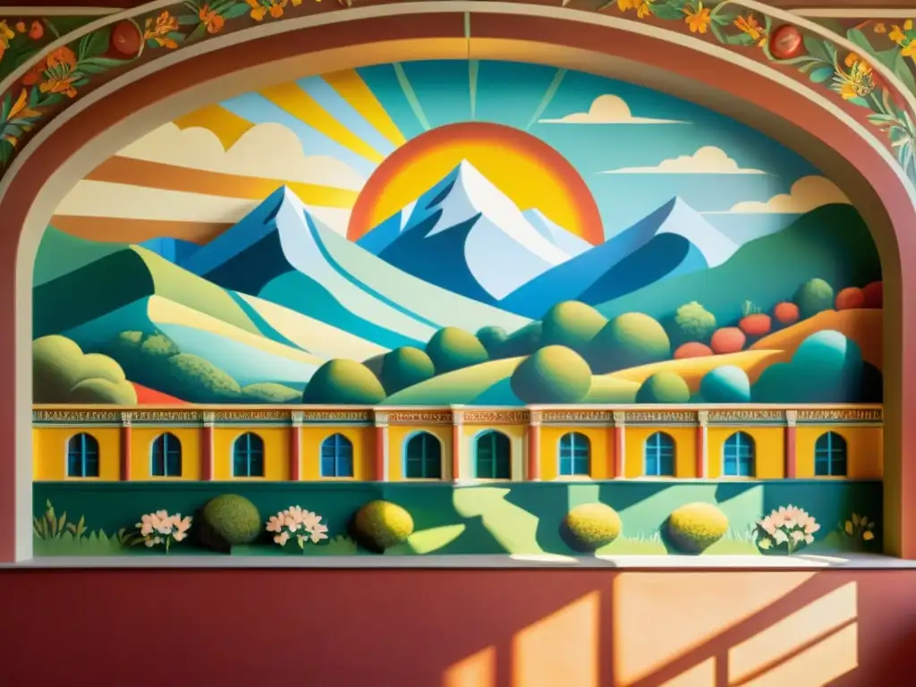 Una fotografía vintage de un mural detallado de artesanía tradicional, con colores vibrantes y texturas realistas que muestran la habilidad artística