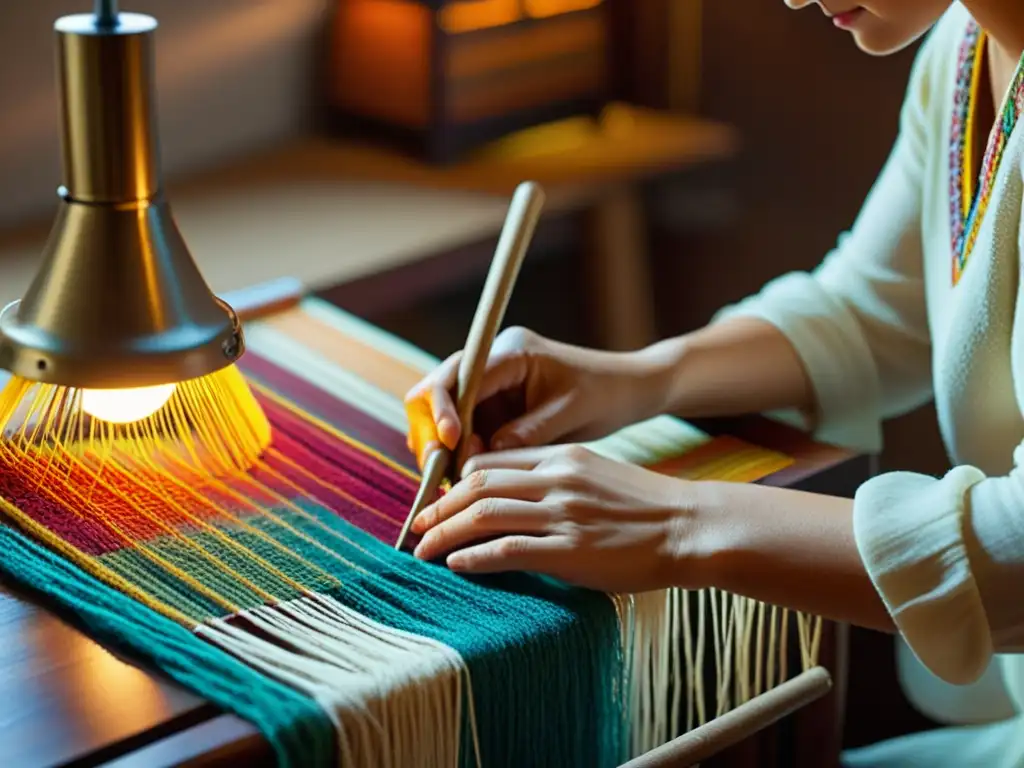 Narrativa digital en la artesanía: Hábiles manos tejen con cuidado hilos de colores en un patrón tradicional, iluminadas por una lámpara vintage