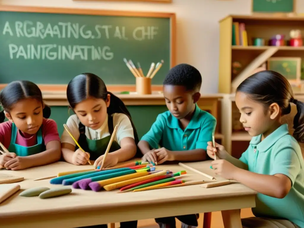 Niños creativos disfrutan de la artesanía digital en un ambiente cálido y nostálgico de aula vintage, guiados por un profesor entusiasta