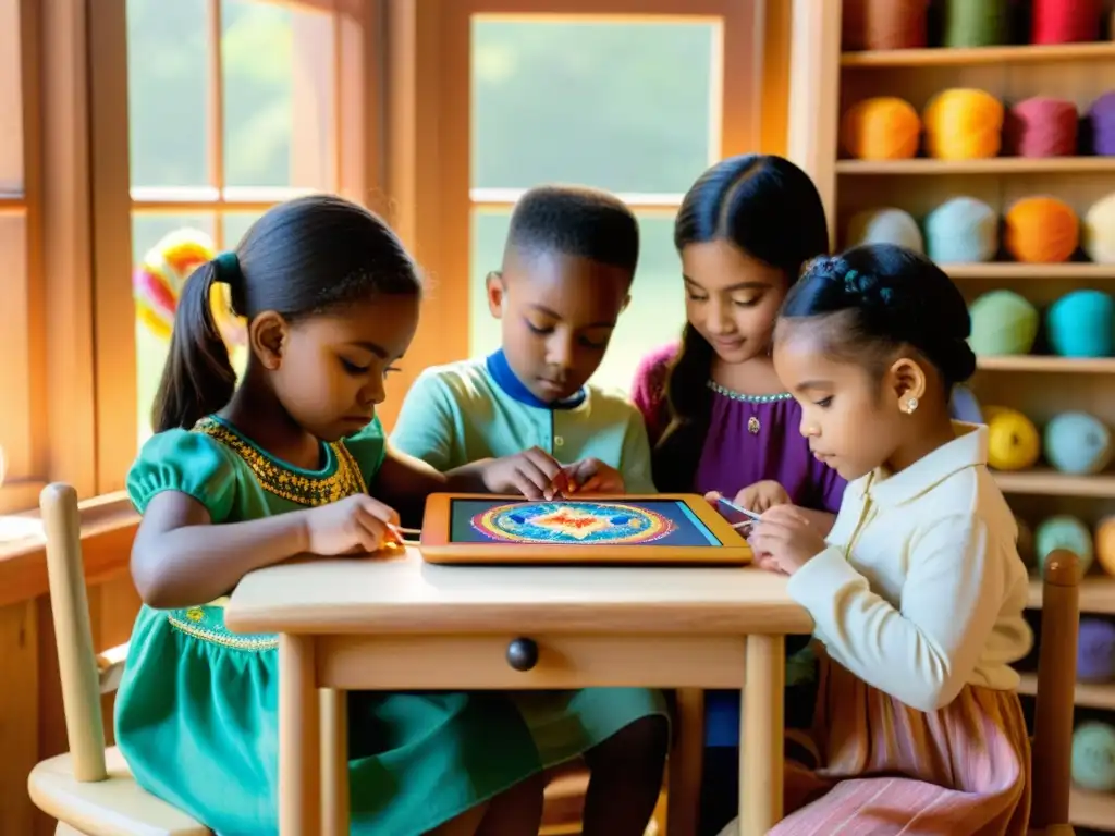 Niños creativos disfrutan de la artesanía digital rodeados de materiales tradicionales y la calidez de la luz de la tarde