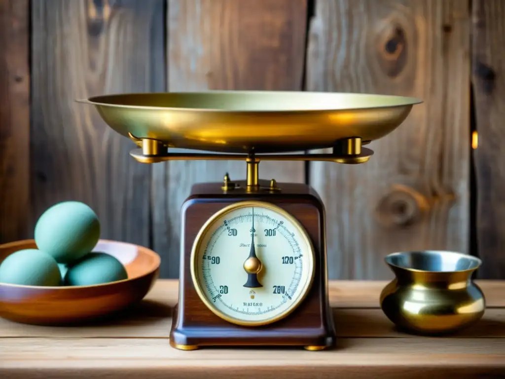 Escena artesanal de nostalgia con balanza vintage y productos únicos Una nostálgica balanza vintage de latón equilibrando artesanías, iluminada suavemente