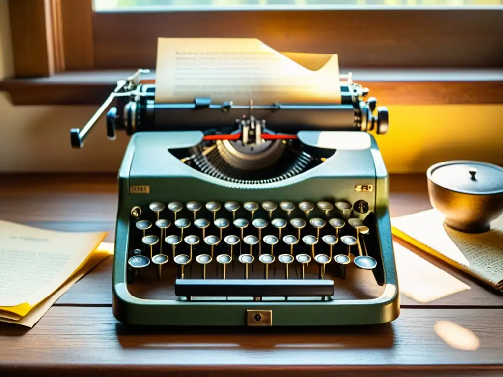 Una nostálgica escena con una antigua máquina de escribir en un escritorio de madera, rodeada de papel arrugado y utensilios de escritura vintage