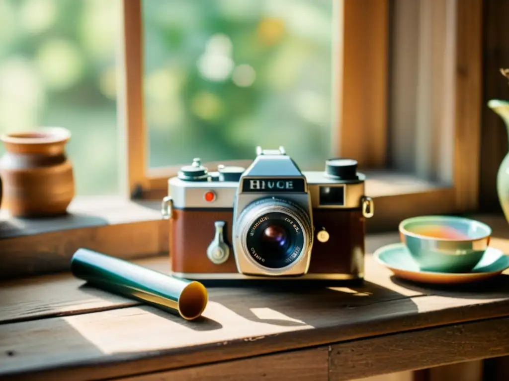 Una nostálgica escena artesanal con una cámara vintage en una mesa de madera, rodeada de artesanías coloridas