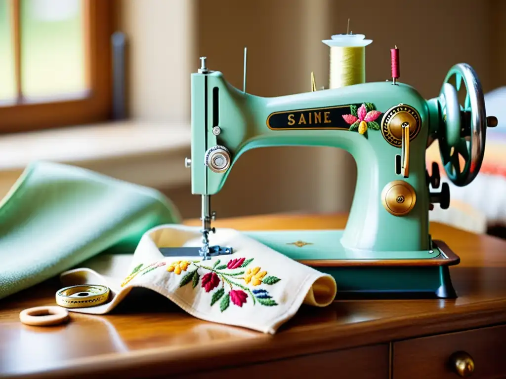 Una nostálgica escena de bordado tradicional en una máquina de coser vintage, resaltando la artesanía y la herencia