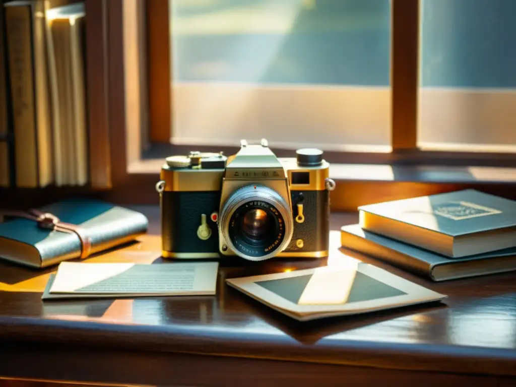 Una nostálgica escena de una cámara fotográfica vintage rodeada de rollos de película, libros de fotografía antiguos y equipos fotográficos