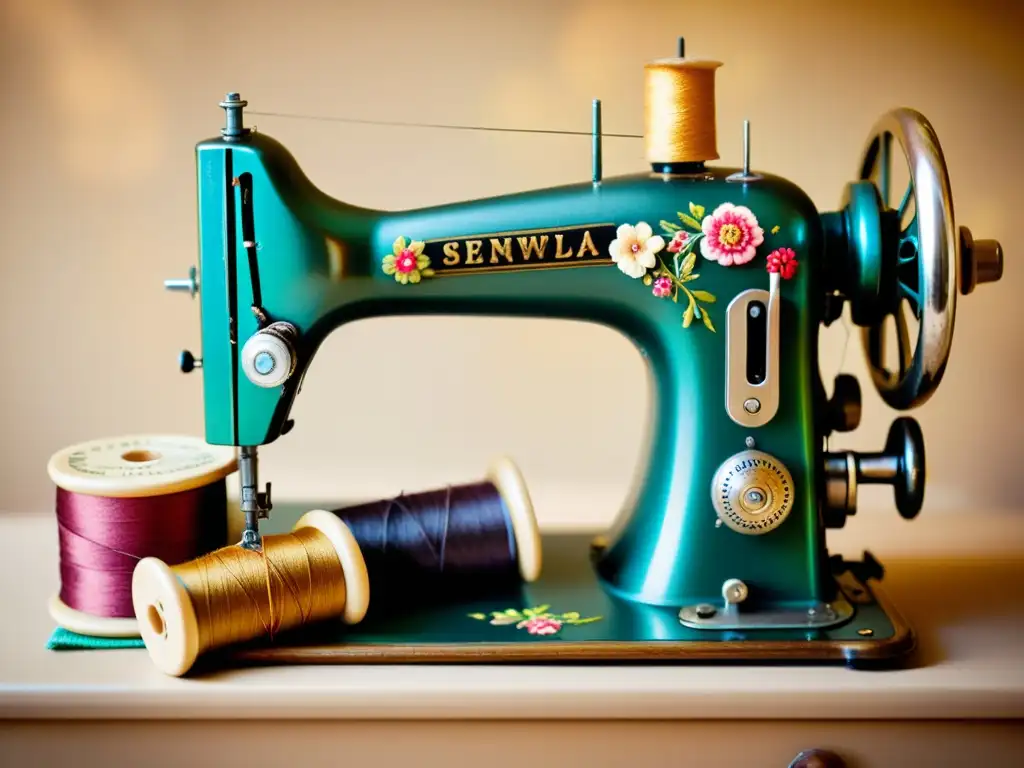 Sewing Machine Vintage: Detalles y Colores Una nostálgica escena de una máquina de coser vintage rodeada de hilos de colores, telas recicladas y accesorios de costura