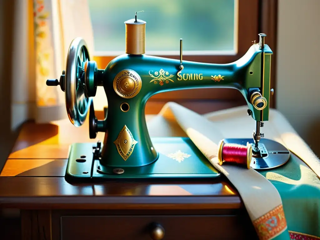 Una nostálgica escena de una máquina de coser vintage con detalles intrincados, hilos de colores y tela lista para ser cosida