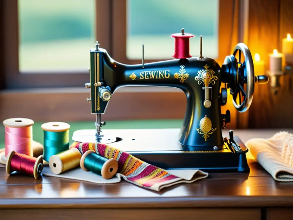 Una nostálgica escena de una máquina de coser vintage rodeada de coloridos carretes de hilo y textiles artesanales, iluminada por cálida luz solar