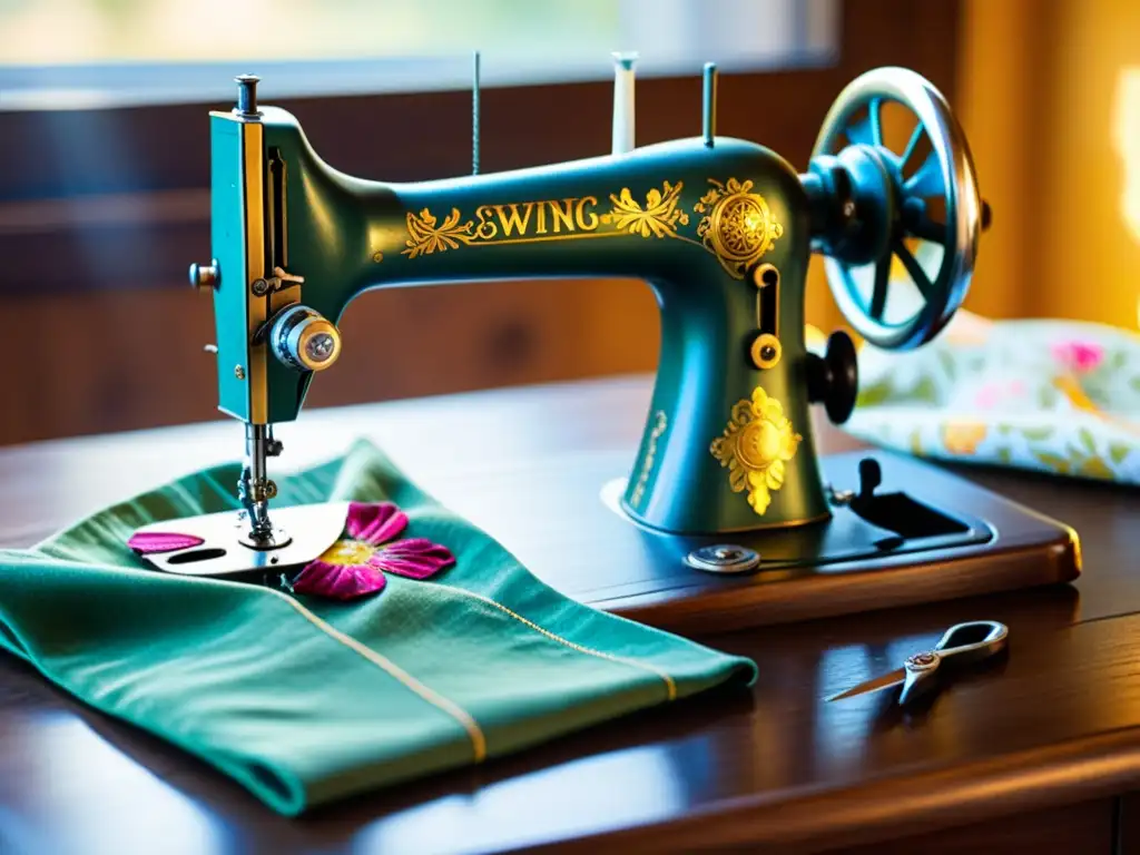 Una nostálgica escena de una máquina de coser vintage con grabados florales, hilos de colores y tijeras antiguas sobre una mesa de madera