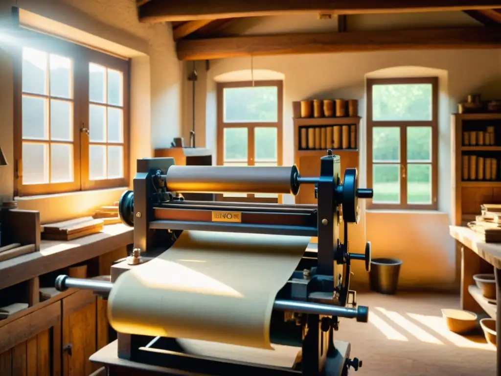 Artesanía tradicional: prensa de impresión vintage Una nostálgica imagen de una imprenta rústica en un taller artesanal, con luz cálida y maquinaria detallada