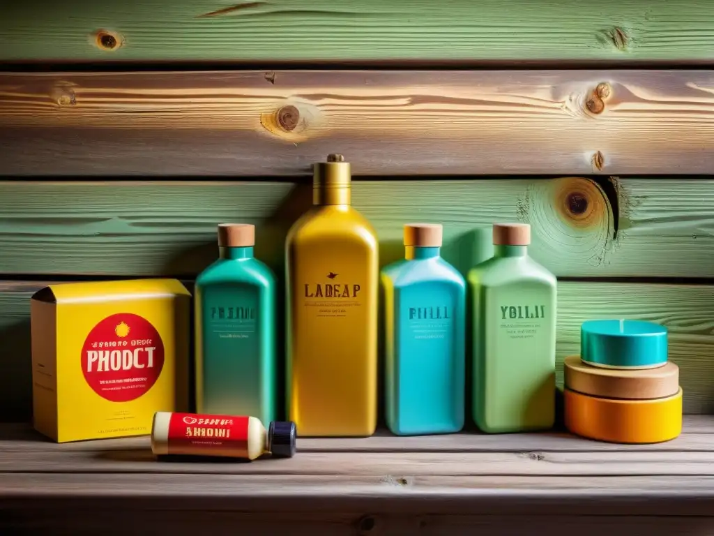 Una nostálgica fotografía vintage de paquetes de productos coloridos en una mesa de madera rústica, iluminada suavemente