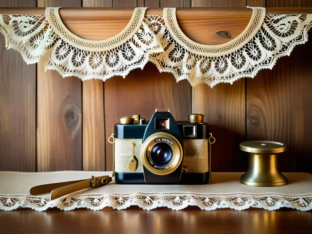 Fondo fotográfico vintage con encaje y accesorios antiguos Un nostálgico escenario de fotografía artesanal con accesorios vintage, iluminado con tonos cálidos
