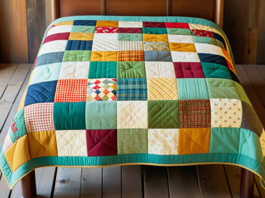 Un nostálgico patchwork en una mesa de madera, con colores vibrantes