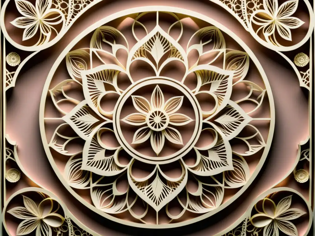 Obra de papel filigrana en tonos vintage de crema, rosa y dorado Obra de filigrana de papel en tonos vintage de crema, rosa y dorado