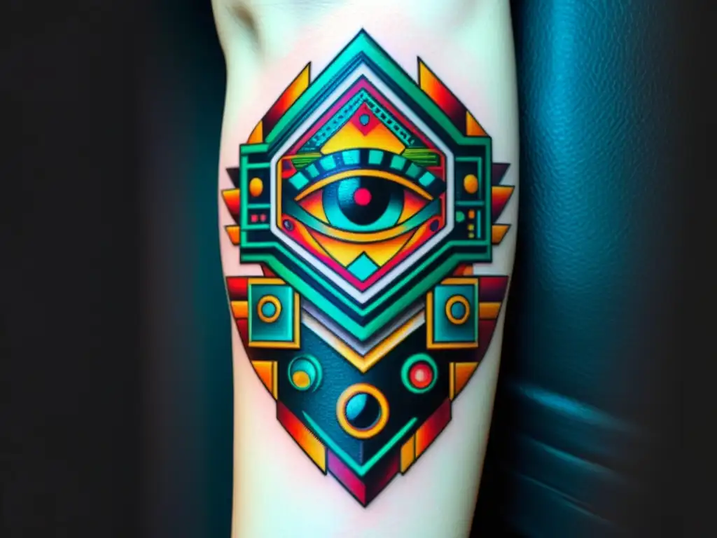 Obra maestra de la integración tecnológica y el arte corporal en un tatuaje vintage futurista de gran detalle y profundidad