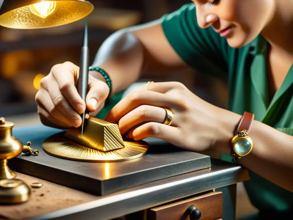 Un orfebre experto crea joyas con herramientas tradicionales bajo una cálida luz vintage, mostrando artesanía y dedicación atemporal