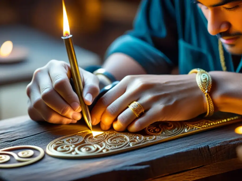 Un orfebre experto talla diseños en oro, en un cálido taller iluminado por velas