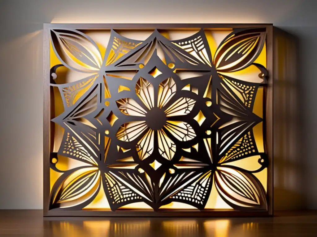 Panel de madera calado con patrones decorativos carpintería láser, iluminado por cálida luz, destaca artesanía y precisión