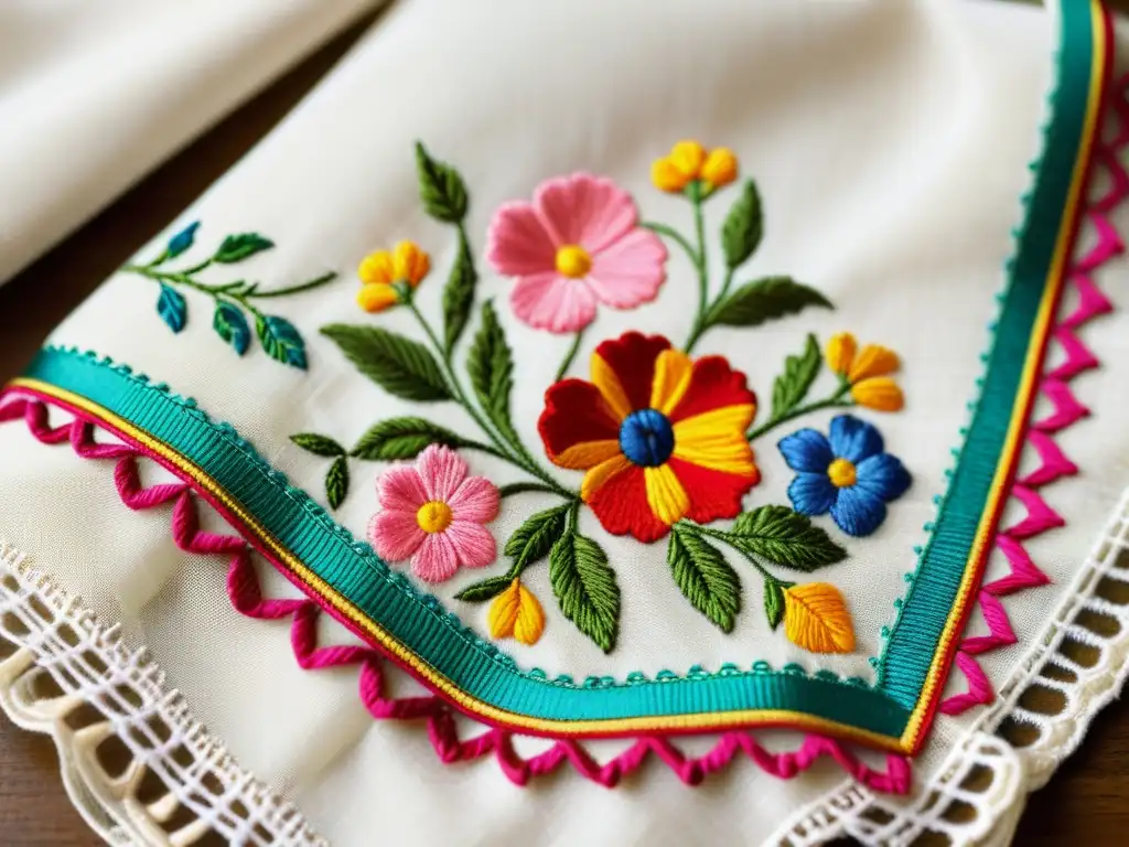 Un pañuelo vintage bordado a mano, muestra patrones florales detallados y colores vibrantes