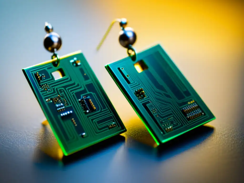 Par de aretes hechos con chips y placas de circuito, transformando tecnología obsoleta en joyas únicas