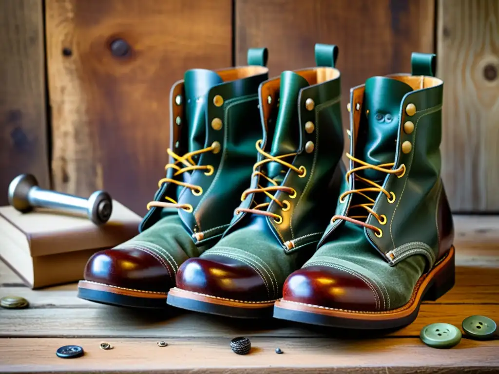 Un par de botas de cuero vintage con detalles intrincados y una pátina gastada, rodeadas de materiales de upcycling