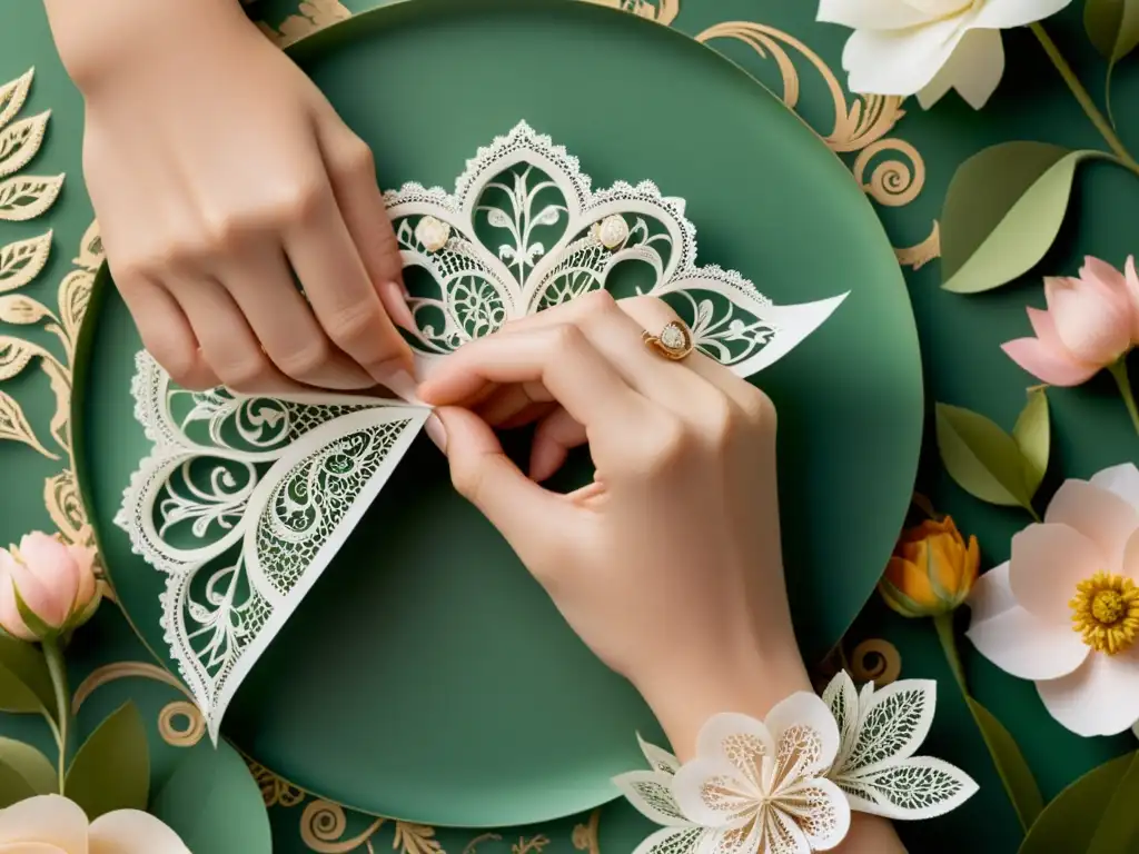 Arte del papel: manos delicadas creando filigrana Un par de delicadas manos moldean filigrana de papel en un entorno vintage, iluminadas por luz natural