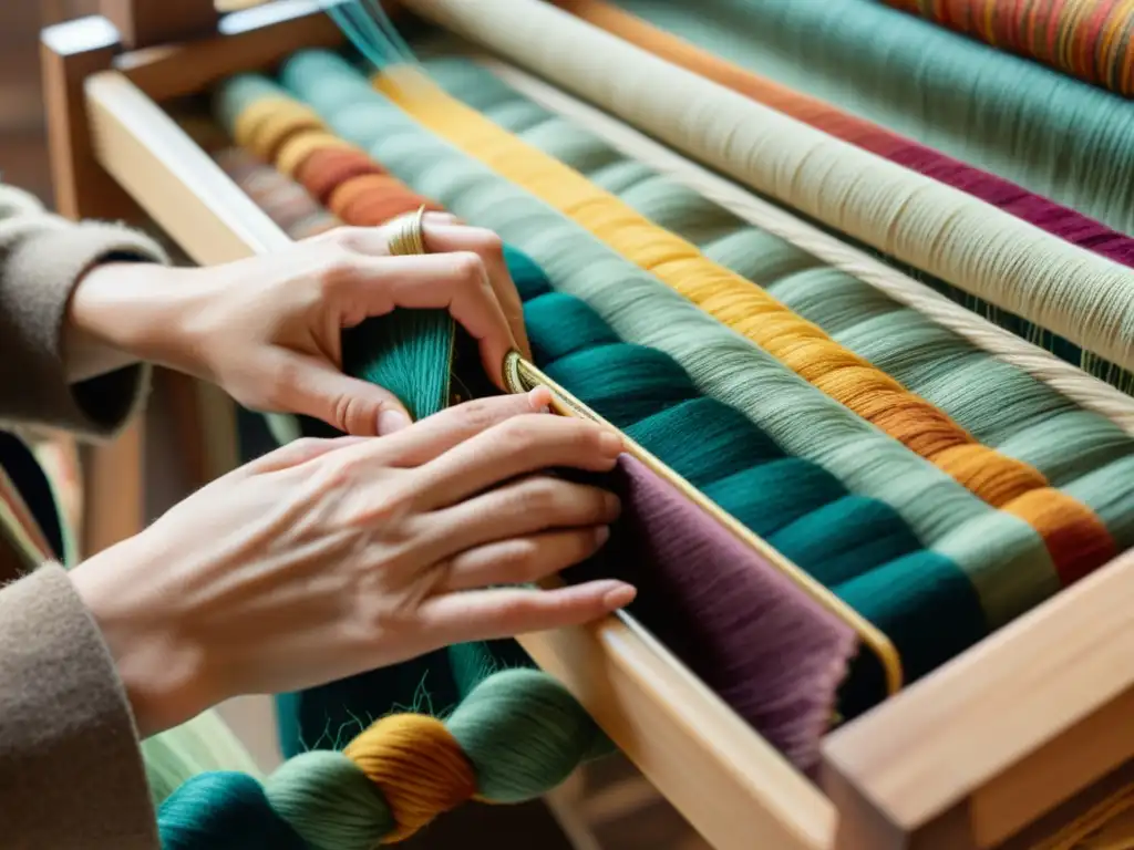 Un par de hábiles manos tejen fibras sostenibles en una obra maestra textil vintage, bañadas en cálida luz natural