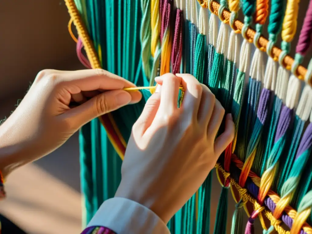 Un par de manos tejen con destreza hilos coloridos en un hermoso patrón de macramé