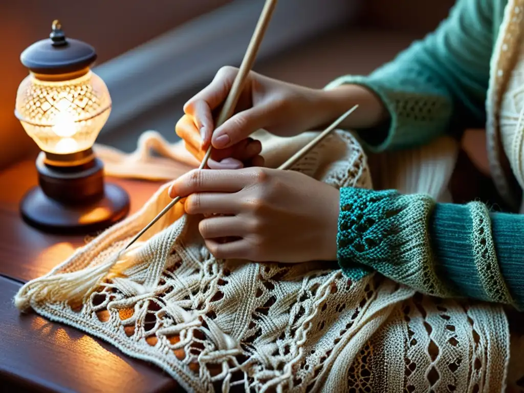 Un par de manos envejecidas tejiendo una delicada chalina con destreza, preservando el arte del tejido con nostalgia y dedicación